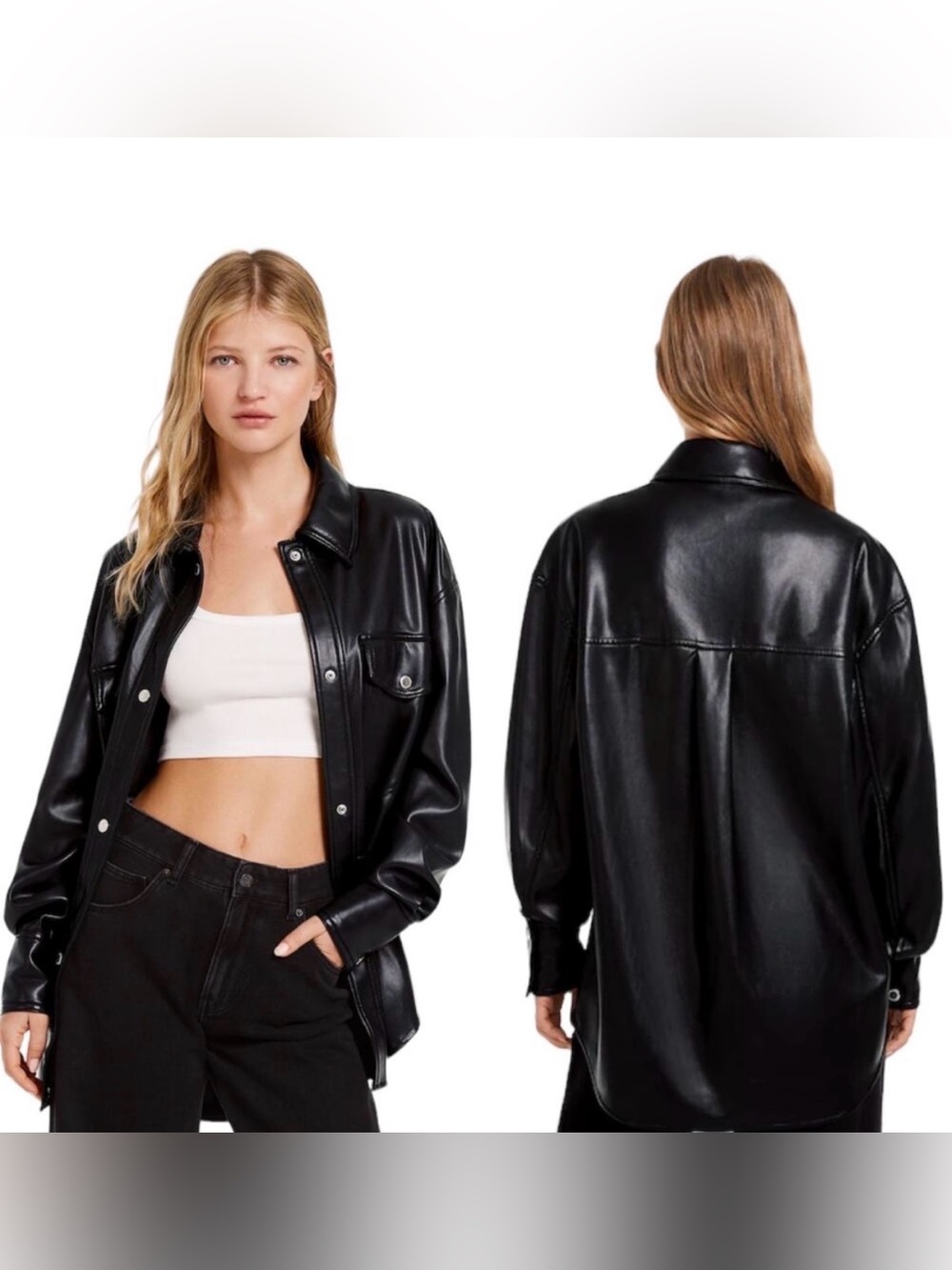 Bershka Black Faux Leather Button-Up Shirt Jacket